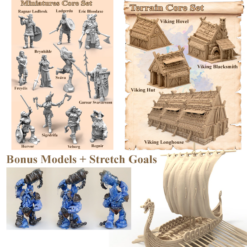 Collage of the Viking Legends Bundle - All In: Miniatures & Terrain, featuring 3D printable Viking buildings, bonus models, a Viking ship, warriors with weapons, detailed terrain, and painted ice-creature miniatures for tabletop gaming.