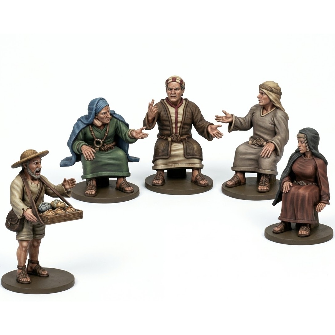 Photo of the 'Liberation Front' set, featuring five 28mm scale miniatures of ancient Judean characters in discussion, for 3D printing.