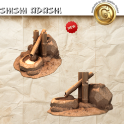 A 3D render showcasing two angles of a traditional Japanese Shishi Odoshi bamboo water fountain. The model features a pivoting bamboo spout, a stone water basin, and a rocky, moss-covered base, designed as a 3D printable STL file for tabletop scenery.