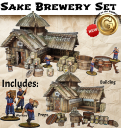 Painted 28mm scale 3D printed Japanese sake brewery set including a traditional building with a thatched roof, worker miniatures, and brewing props like barrels, vats, and tools for tabletop wargaming.