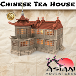 3D render of a multi-story Chinese Tea House model for 3D printing. Features traditional tiled roofs with curved eaves, intricate wooden window lattices, and a detailed stone block foundation.