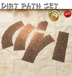 3D render of a modular dirt path set for tabletop games, showing curved sections, a straight piece, and a Y-junction with realistic soil and rock textures.