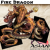3D render of a painted Asian Fire Dragon miniature with red and orange scales, a serpentine body, a fiery mane, and a roaring expression, from the Asian Adventures collection.