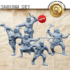 3D renders of a set of five unpainted shinobi miniatures in dynamic combat poses, featuring weapons like a kusarigama, kunai, and a kaginawa, for 3D printing.