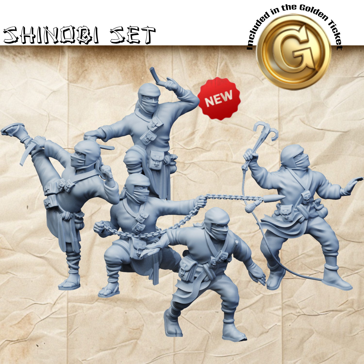 3D renders of a set of five unpainted shinobi miniatures in dynamic combat poses, featuring weapons like a kusarigama, kunai, and a kaginawa, for 3D printing.