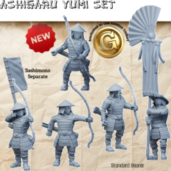 3D render of a set of unpainted Japanese Ashigaru archer miniatures holding Yumi bows, including a standard-bearer and separate sashimono banner. Designed for 3D printing.