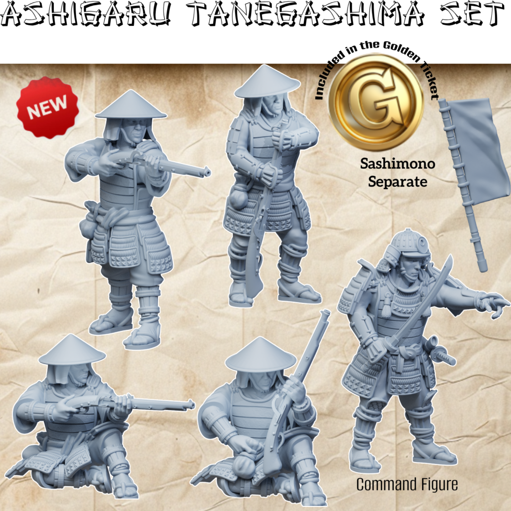 3D render of a set of Japanese Ashigaru miniatures with Tanegashima matchlock rifles, including standing, kneeling, and samurai command figures, for 3D printing.