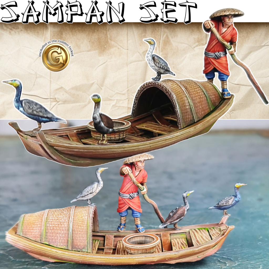Painted 28mm miniature set of a cormorant fisherman on a traditional wooden sampan boat with a woven canopy and several cormorant birds. 3D printable STL files for tabletop gaming.