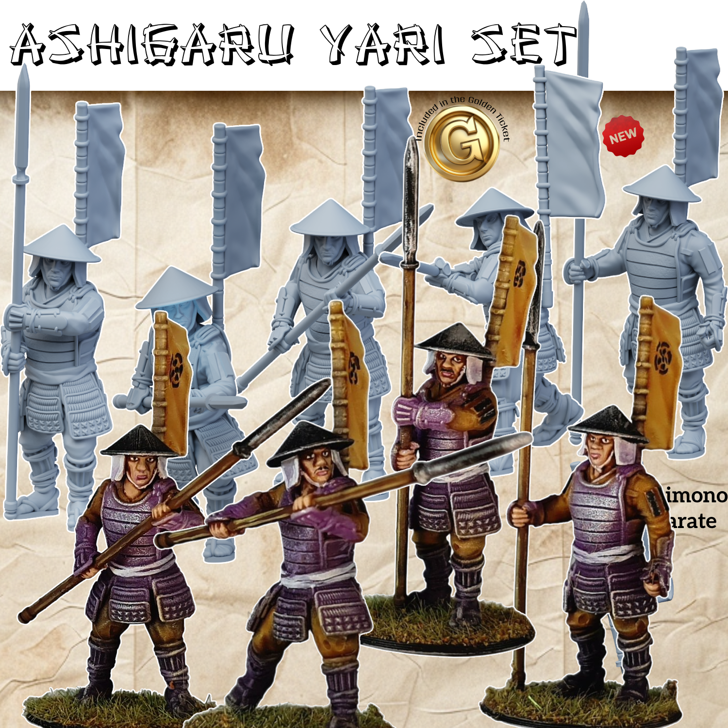 A composition image of 3D printable Ashigaru Yari Spearman miniatures. The upper part shows unpainted grey 3D renders, while the lower part displays fully painted examples in purple and brown armor, holding long spears (yari) and wearing conical hats (jingasa).
