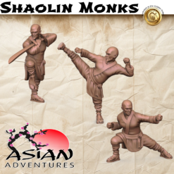 3D render of three Shaolin Monk miniatures for 3D printing. The warrior monks are in dynamic martial arts poses: one with a dao sword, one performing a high kick, and one in a horse stance. Part of the Asian Adventures collection.