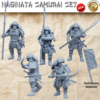 3D render of a set of five 28mm scale Samurai miniatures in dynamic poses, armed with naginata polearms, wearing traditional armor and helmets. A separate sashimono banner is also shown.