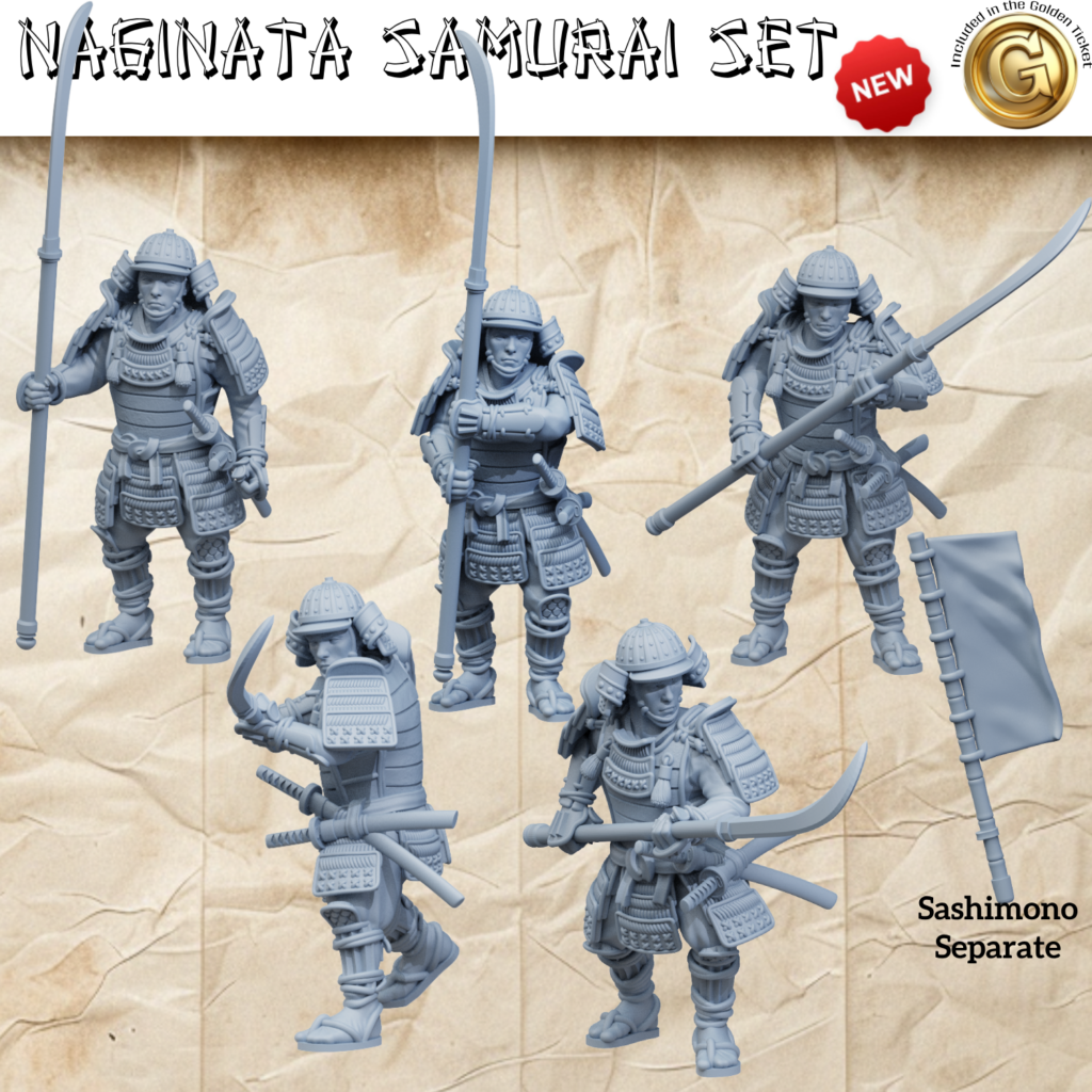 3D render of a set of five 28mm scale Samurai miniatures in dynamic poses, armed with naginata polearms, wearing traditional armor and helmets. A separate sashimono banner is also shown.
