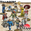 A collection of eleven painted 28mm scale Asian villager miniatures for tabletop wargaming, including farmers, laborers, a woman with a parasol, and an armed samurai figure.