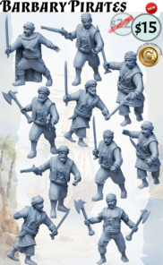 3D render of ten unpainted Barbary Pirate miniatures for tabletop wargaming. The figures are in dynamic poses, wearing turbans and vests, and armed with scimitars, flintlock pistols, and axes. Background shows a faint image of a galleon.