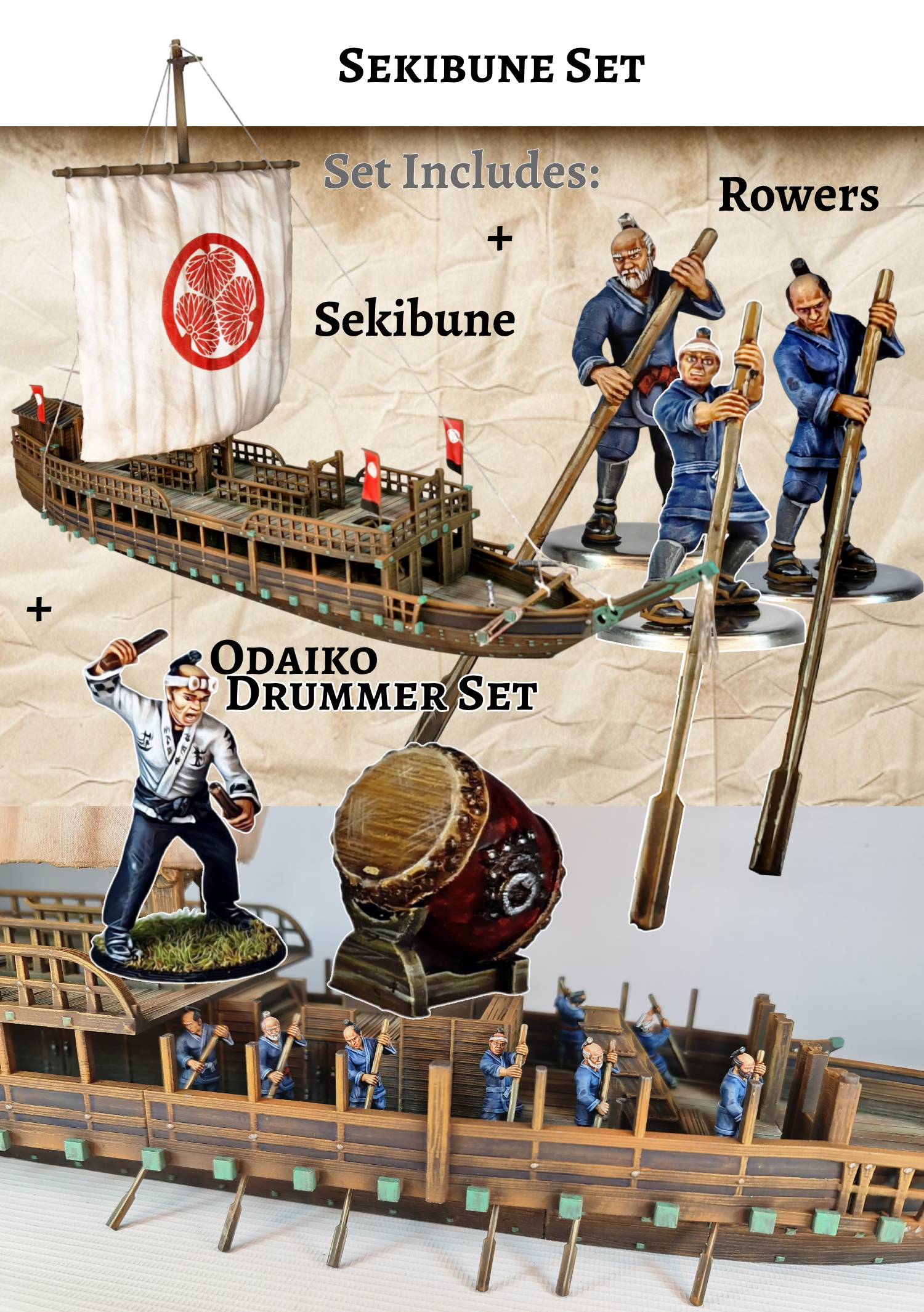 Painted 3D printed model of a Japanese Sekibune warship set for tabletop games, showing the ship with its sail, rower miniatures, and an Odaiko drummer with his large drum.