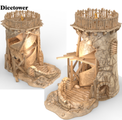 3D render of a ruined fantasy watchtower designed as a dice tower. The model features a cylindrical stone base with crumbling walls, an internal spiral ramp, and a wooden palisade platform on top.