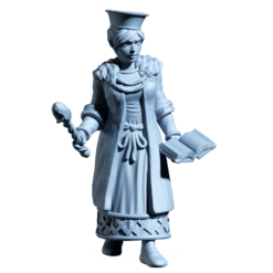 3D render of a female mage scholar miniature for tabletop gaming. She wears a fur-collared robe, a tall hat, holds a magic staff in one hand and an open book in the other. Rendered in a light blue-grey material.