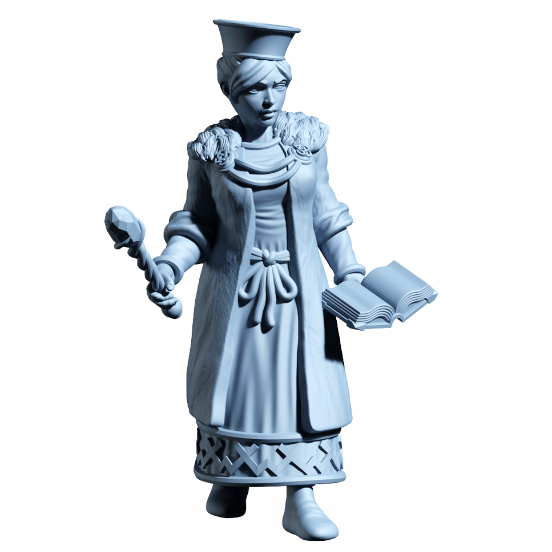 3D render of a female mage scholar miniature for tabletop gaming. She wears a fur-collared robe, a tall hat, holds a magic staff in one hand and an open book in the other. Rendered in a light blue-grey material.