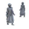 3D render of a Viking noblewoman miniature for 3D printing, showing front and back views. The model wears a fur-collared coat over a patterned dress and has her hair in a long, intricate braid.
