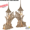 3D render of the Tower of the Moon, a fantasy elven gateway with two slender towers, a connecting arch bridge, and stone foundations. For 3D printing.