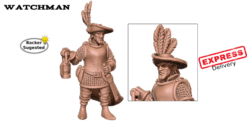3D render of a fantasy city watchman miniature holding a lantern. He wears a plumed hat, breastplate over chainmail, and has a sword at his hip.