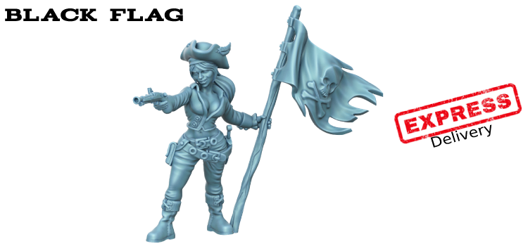 3D render of a female pirate miniature, the Black Flag, holding a flintlock pistol and a tattered flag with a skull and crossbones design. The model is unpainted.
