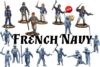 Collection of 3D printable French Navy miniatures for tabletop wargaming, showing both painted examples and grey STL renders. Figures include officers with swords, sailors with cutlasses and pistols, and marines with rifles.