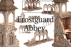 3D render collage of the Frostguard Abbey set, featuring 3D printable gothic ruined towers, walls, and archways for 28mm tabletop wargaming terrain.