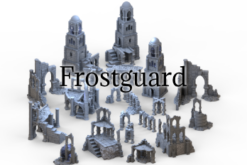 3D render of the Frostguard modular fantasy ruins set, showing multiple ruined stone towers, walls, arches, and platforms for tabletop wargaming.