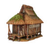 A 28mm scale 3D printed model of a traditional Japanese Gassho-style farmhouse (Minka) featuring a steep, highly textured thatched roof, raised wooden porch, and timber-framed walls on a stone foundation.
