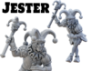 3D render of a sinister jester miniature for tabletop gaming. The character has a wide, malicious grin, wears a jester's hat and ruffled collar, and holds a skull-topped scepter.