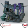 A painted 3D print of stone ruins on a cliff, featuring a broken tower, arched walkway with purple wisteria, and a winding stone staircase.