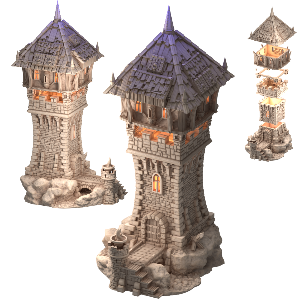3D render of a modular fantasy stone and wood watchtower for tabletop gaming, showing multiple angles and an exploded view of its stackable interior floors.