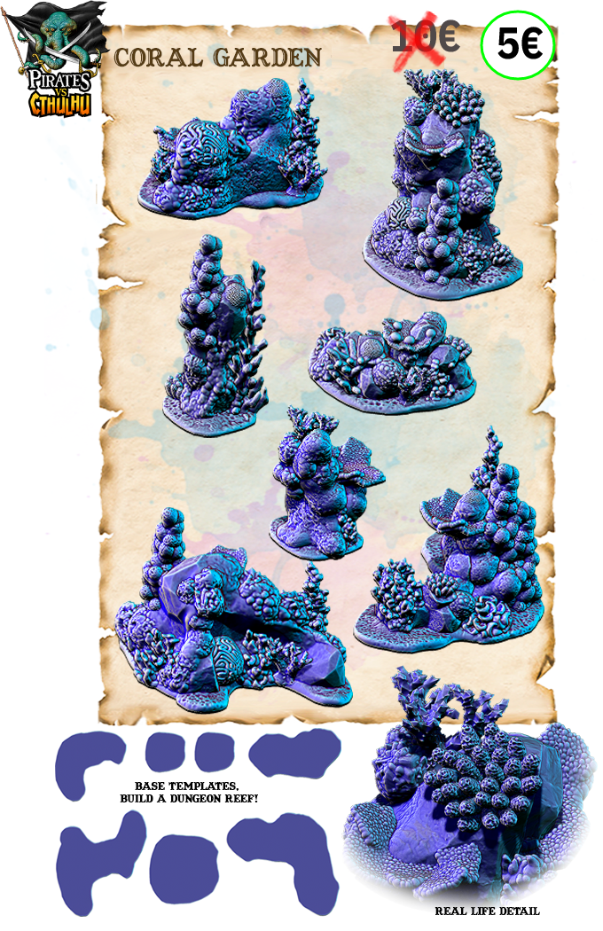 A collection of 3D printable Coral Garden models for tabletop scatter terrain, rendered in shades of blue and purple, showing various shapes of coral and reef rock formations.