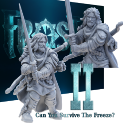 3D render of a fantasy male warrior miniature with long hair and a beard, dual-wielding swords. From the Frost II collection by Iain Lovecraft.