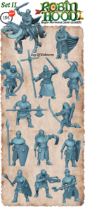 3D render of the Robin Hood Set II, featuring 14 Anglo-Norman miniatures. Includes Guy of Gisbourne on horseback and on foot, archers, crossbowmen, and soldiers with swords, axes, and shields. Designed for 3D printing.