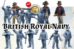A collage of 3D printable miniatures depicting British Royal Navy sailors and officers from the Age of Sail. The image shows both unpainted grey 3D renders and fully painted examples. The miniatures are in various action poses, holding pistols, cutlasses, and muskets.
