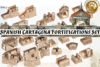 Collage of 3D printable STL files for the Spanish Cartagena Fortifications Set, showing modular stone walls, a gatehouse, watchtowers, and corner sections for tabletop wargaming.