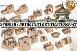 Collage of 3D printable STL files for the Spanish Cartagena Fortifications Set, showing modular stone walls, a gatehouse, watchtowers, and corner sections for tabletop wargaming.