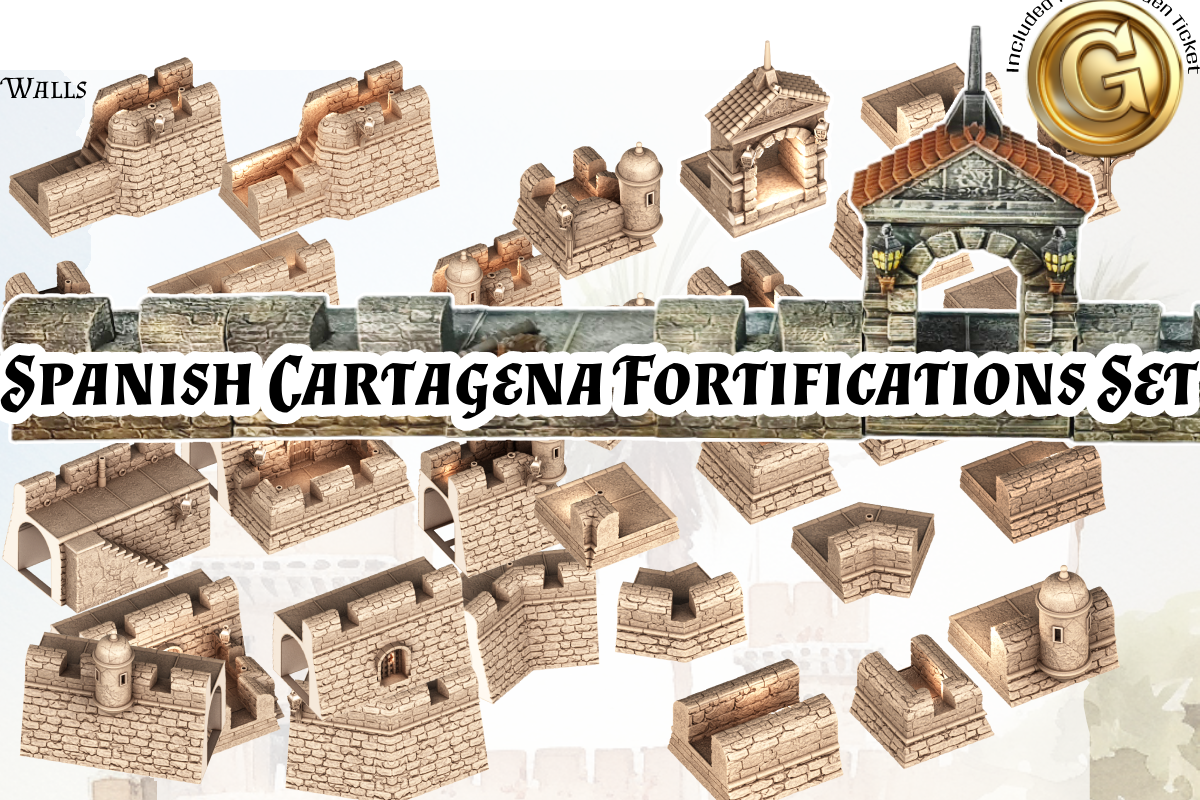 Collage of 3D printable STL files for the Spanish Cartagena Fortifications Set, showing modular stone walls, a gatehouse, watchtowers, and corner sections for tabletop wargaming.