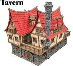 A painted 3D print of a multi-story medieval fantasy tavern with a red tiled roof, a prominent stone chimney, half-timbered walls, and a stone foundation.