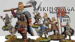 A collection of painted 28mm Viking Saga miniatures for 3D printing, featuring a Norse Jarl with a two-handed axe, a shieldmaiden, and warriors with swords, spears, and shields in dynamic combat poses.