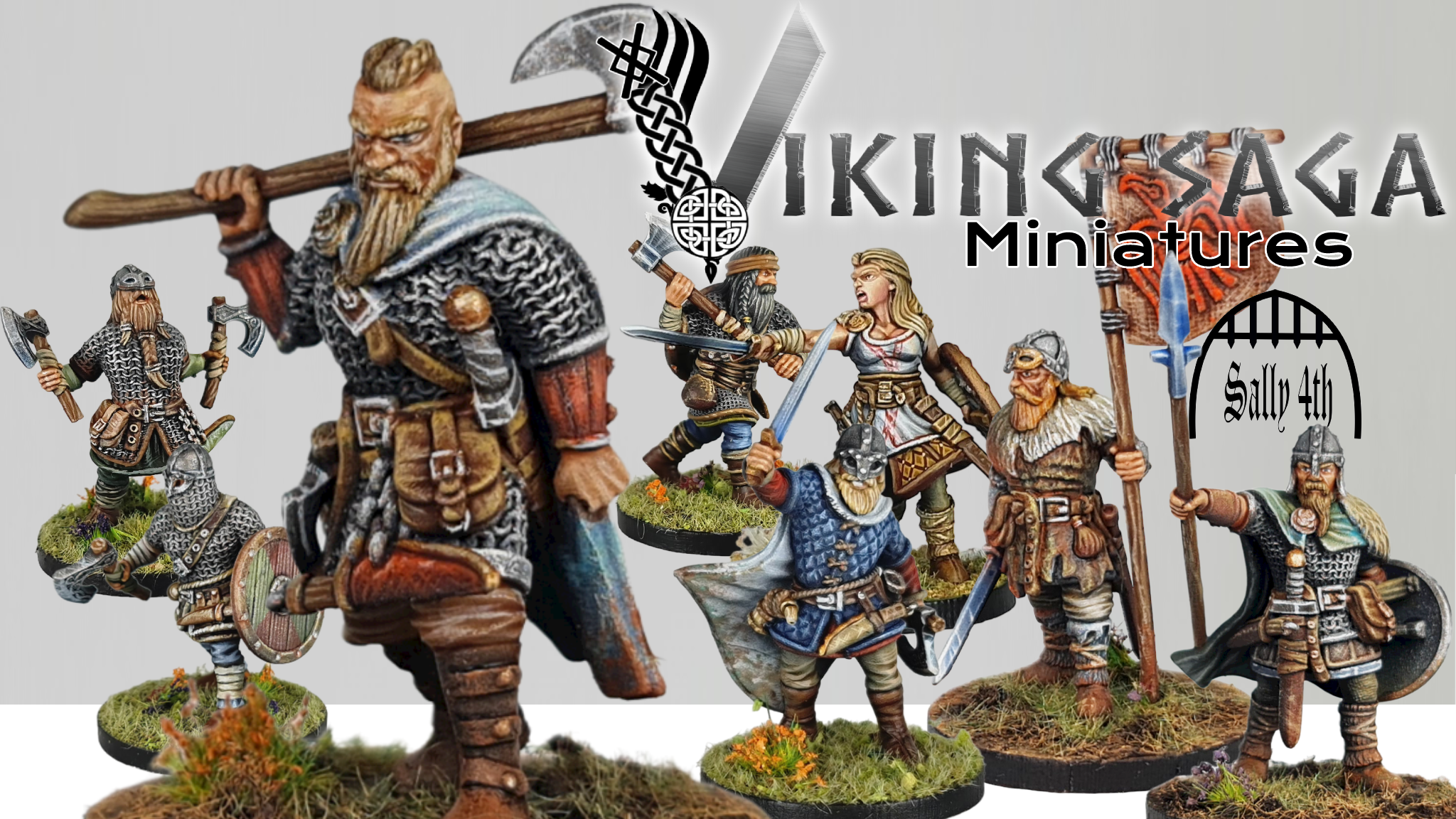 A collection of painted 28mm Viking Saga miniatures for 3D printing, featuring a Norse Jarl with a two-handed axe, a shieldmaiden, and warriors with swords, spears, and shields in dynamic combat poses.
