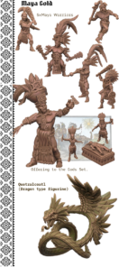 3D render collage of the Maya Gold STL miniature set, featuring five Maya warriors, a priest performing a sacrifice, and a large Quetzalcoatl feathered serpent model.