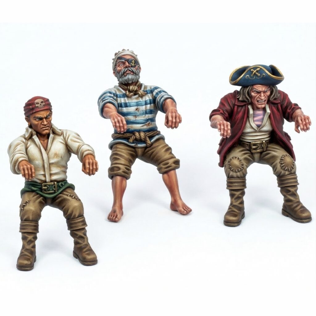 3D print and paint of three pirate-themed tabletop miniatures in a seated rowing pose. Includes a captain in a tricorn hat, a sailor with a bandana, and a veteran with an eyepatch.