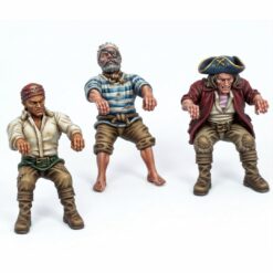 3D print and paint of three pirate-themed tabletop miniatures in a seated rowing pose. Includes a captain in a tricorn hat, a sailor with a bandana, and a veteran with an eyepatch.