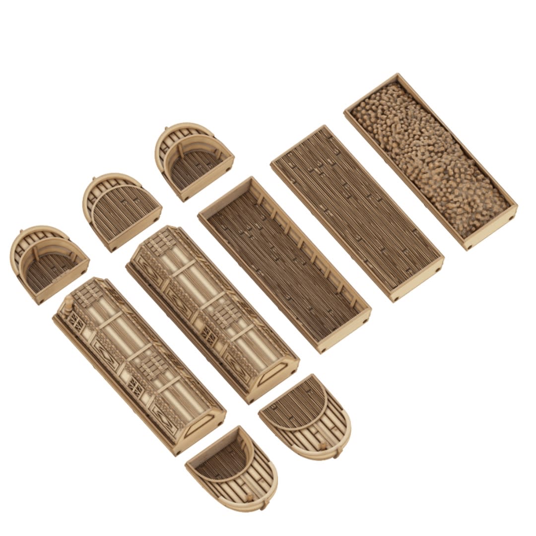 3D render of a modular 3D printable barge set, showing various wooden hull sections, covered passenger cabins, open cargo holds, and a hold filled with cargo.