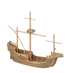 3D render of a Merchant Carrack sailing ship model for 3D printing. The model features a detailed wooden plank texture on its hull, an open deck, a high aftcastle, and three masts.
