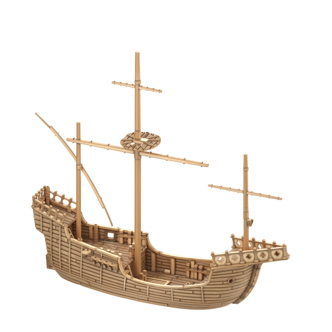 3D render of a Merchant Carrack sailing ship model for 3D printing. The model features a detailed wooden plank texture on its hull, an open deck, a high aftcastle, and three masts.
