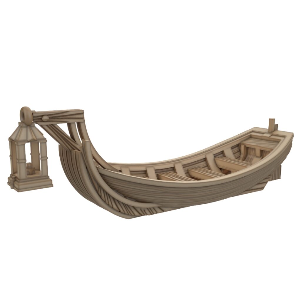 3D render of the Marsh Skipper, a fantasy wooden skiff for tabletop games, featuring a curved hull, detailed wood grain, and a lantern at the bow.